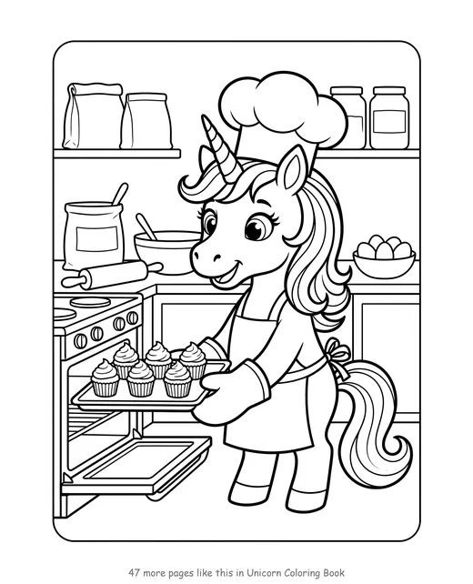 A sample page: a unicorn in a chef's hat taking cupcakes out of an oven
