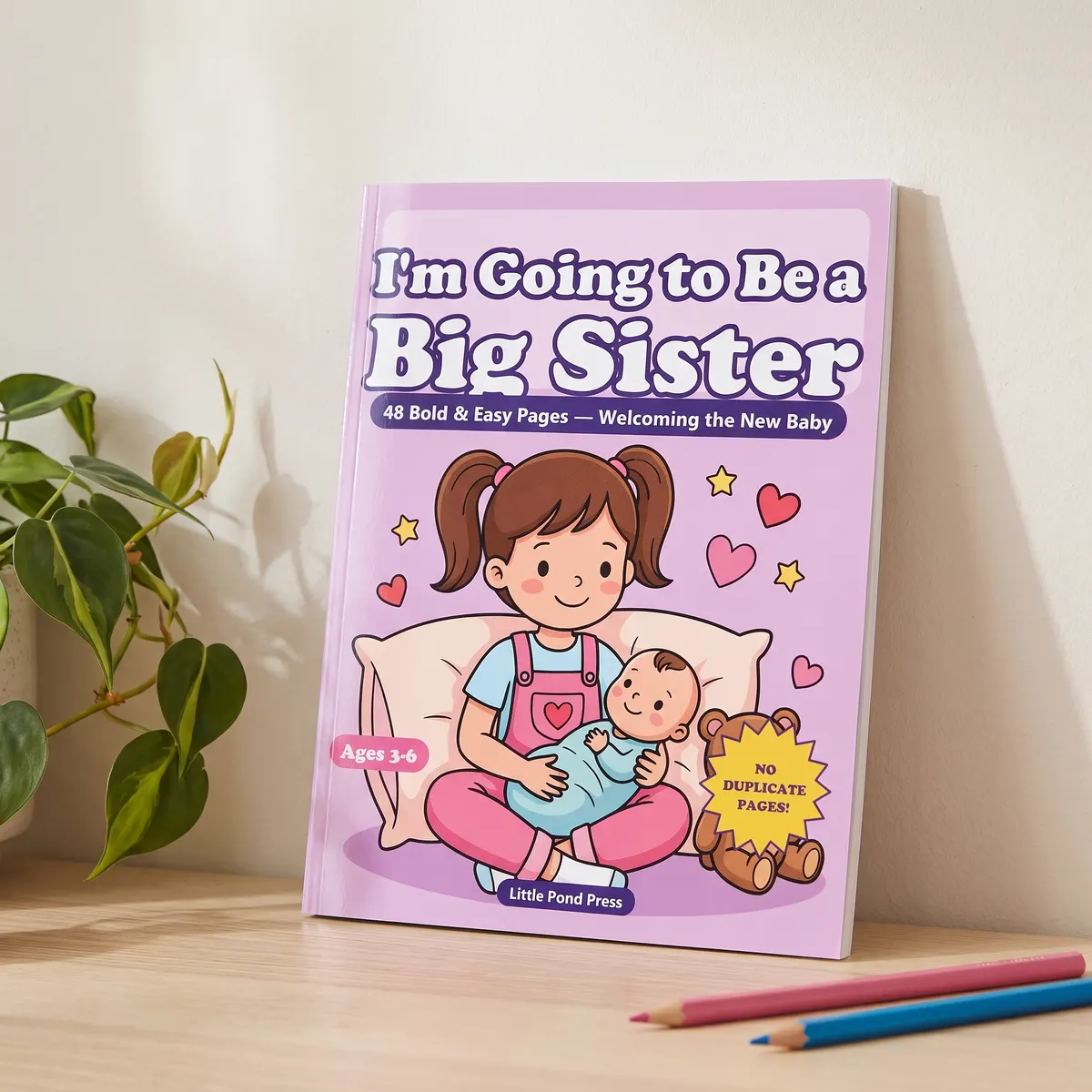 The Big Sister coloring book standing upright beside a houseplant and pencils