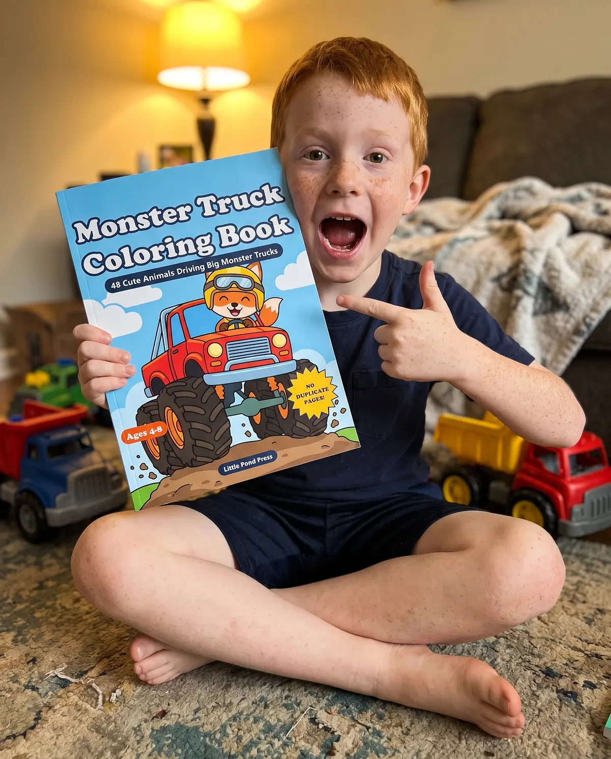 A boy sitting on a rug pointing at the cover of the Monster Truck coloring book