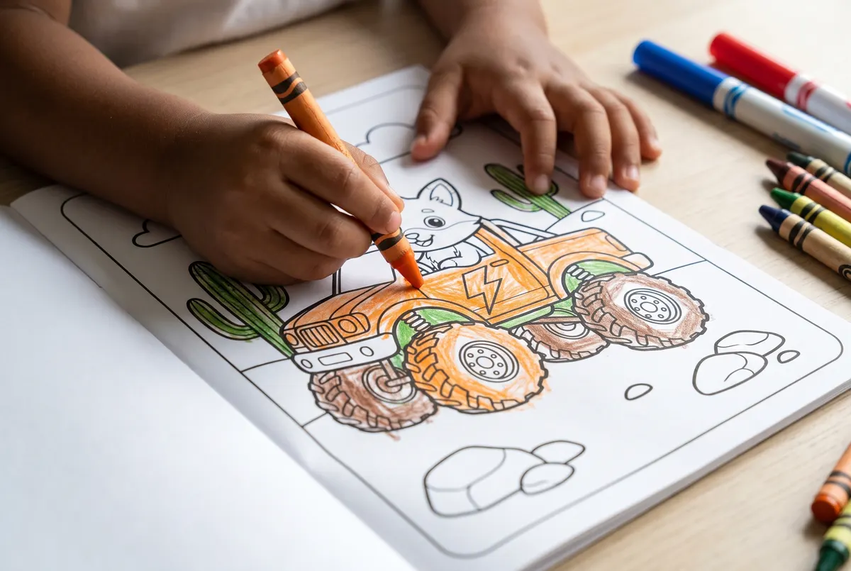 A child's hand coloring a monster truck page in orange crayon, with markers scattered beside the open book
