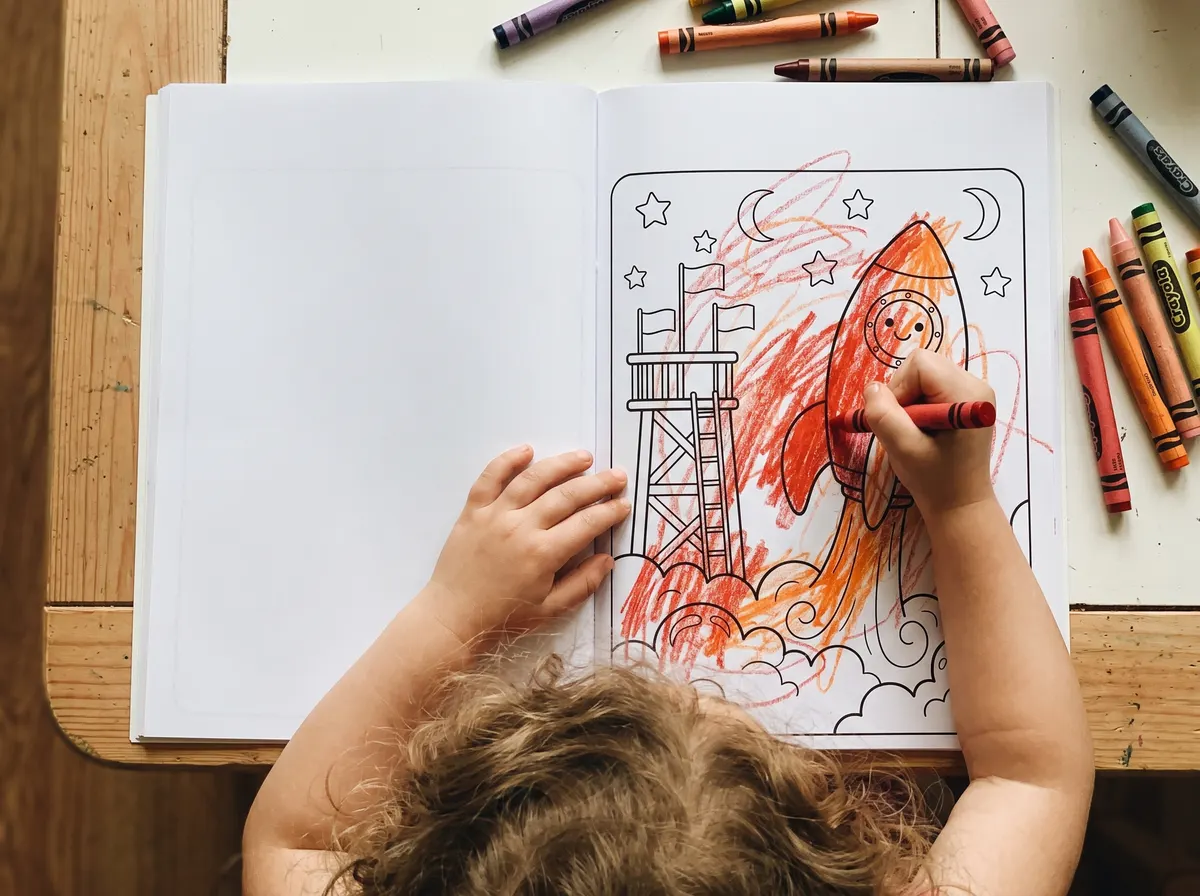 Overhead view of a small child coloring a rocket page in red crayon