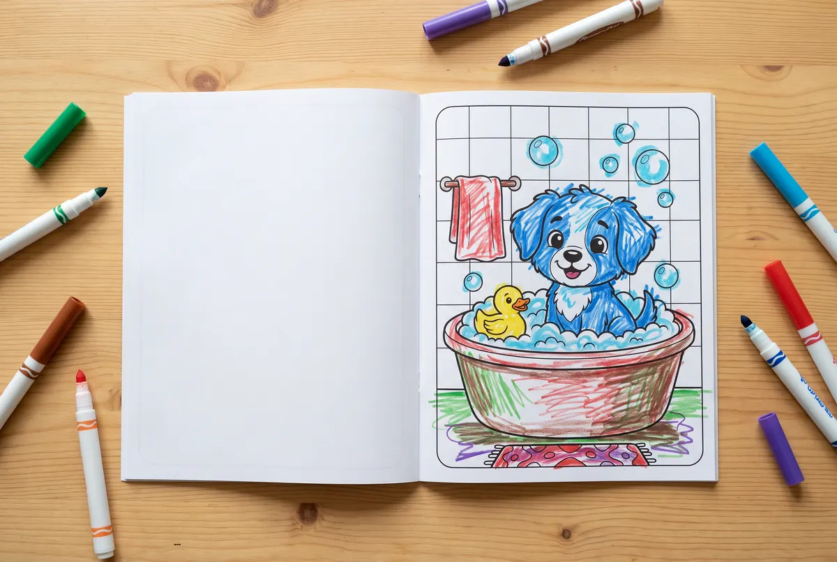 An open coloring book showing a colored-in puppy in a bathtub, surrounded by markers on a wooden table