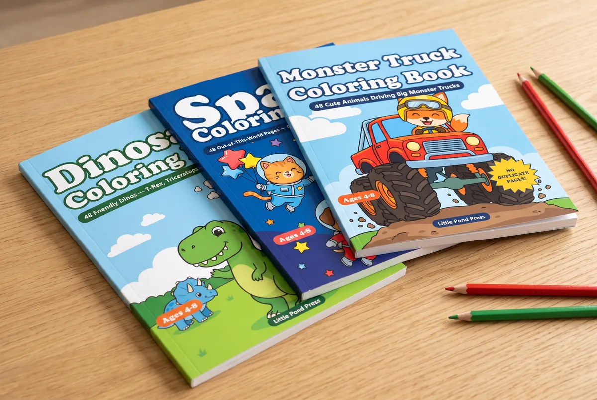Three coloring books fanned out on a wooden table with colored pencils