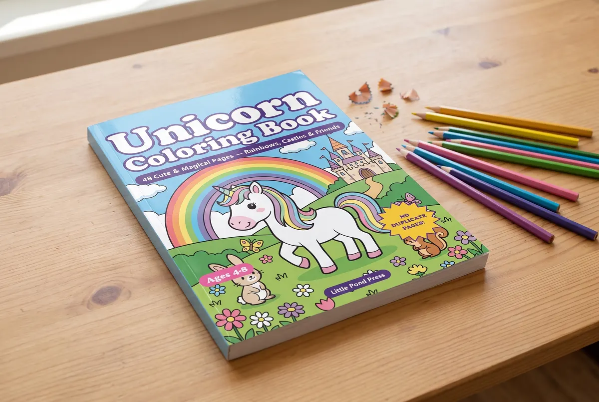 The Unicorn coloring book lying on a table with colored pencils